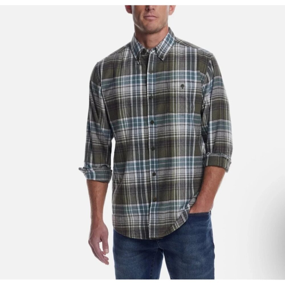 NWOT Weatherproof Vintage Men's M Plaid Button-Up Flannel Shirt Green/White